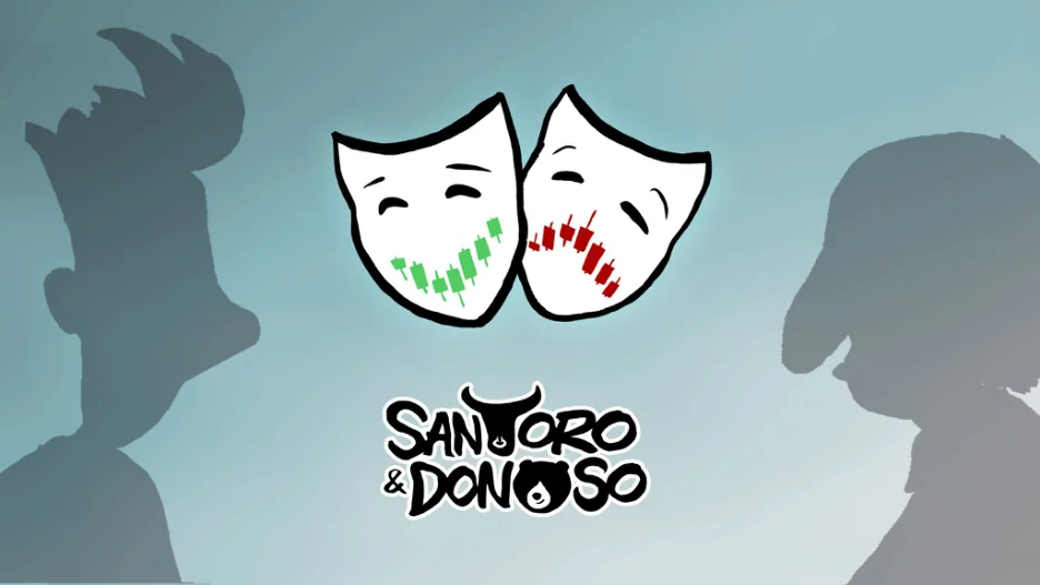 Santoro & Donoso: máscaras de comedia y tragedia con velas bursátiles verdes y rojas, junto a las siluetas de los personajes.